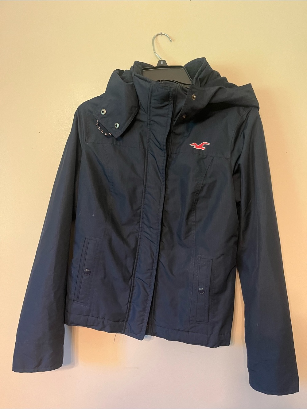 Hollister Navy Hooded Rain Jacket with Pink Logo
